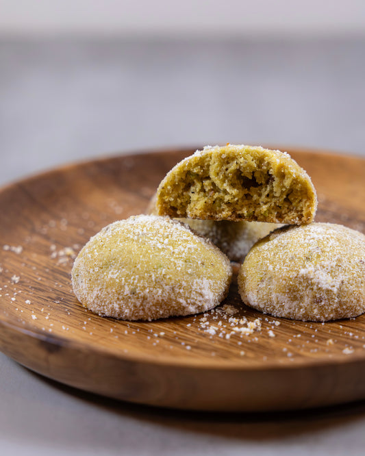 Pistachio snowball cookies with Sicilian Pistachio crunches, crafted by Okaeri Bakery in London 